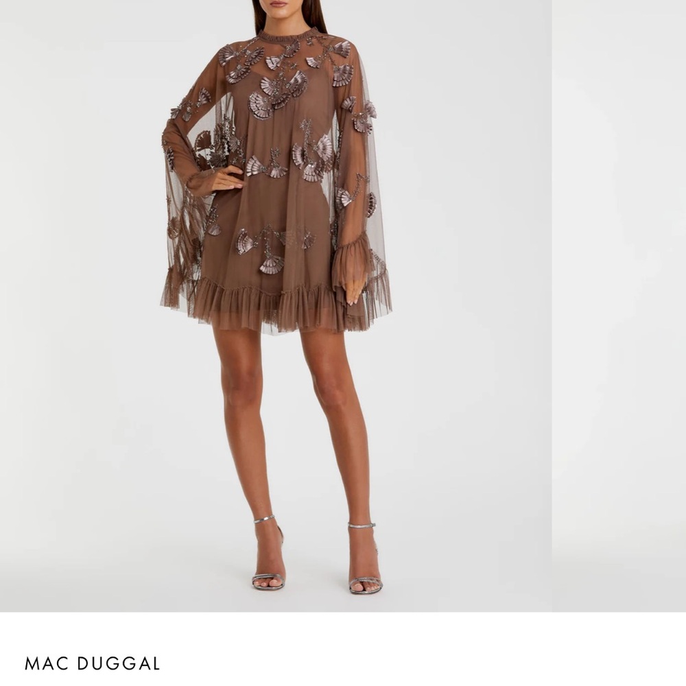 Mac Duggal Brown Embellished Babydoll Dress